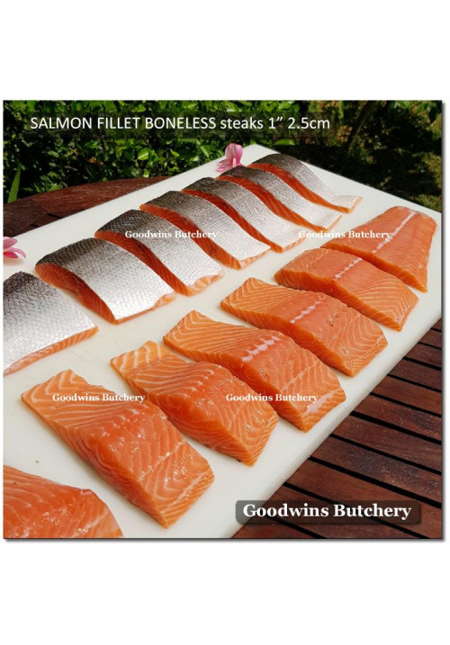 Salmon FILLET BONELESS Atlantic CHILE frozen steak cuts 2" 5cm (price/pack 500g 2-3pcs)